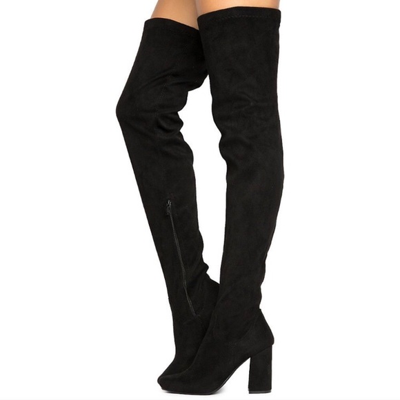 Black Suede Thigh High Block Heel Boots (Size 7) - Picture 1 of 7